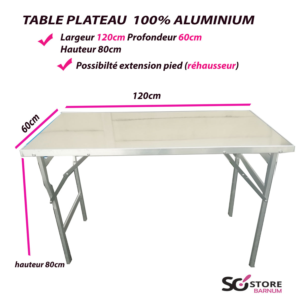 TABLE HORIZONTALE plateau ALUMINIUM, 60cm x 120cm